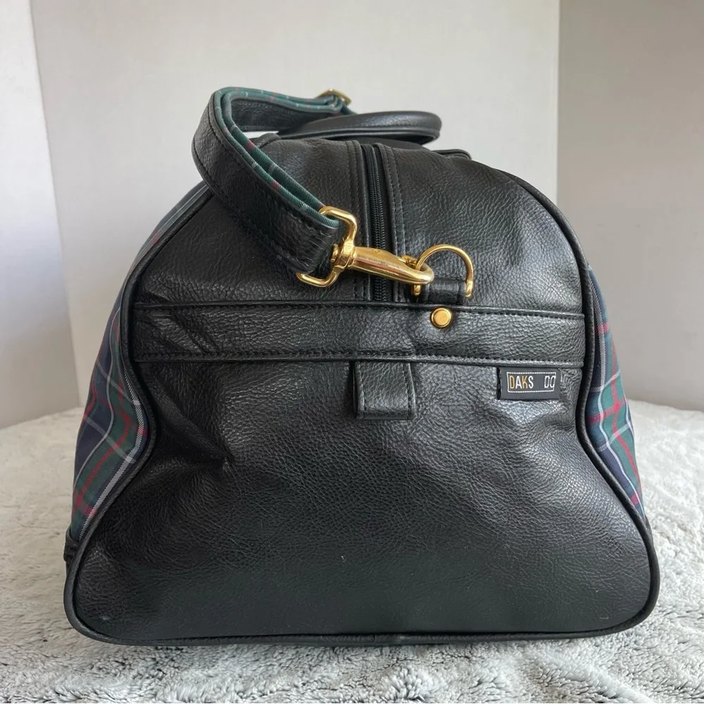 DAKS Plaid Tartan Cloth and Black Leather Shoulder Duffel Bag Blue Green Red